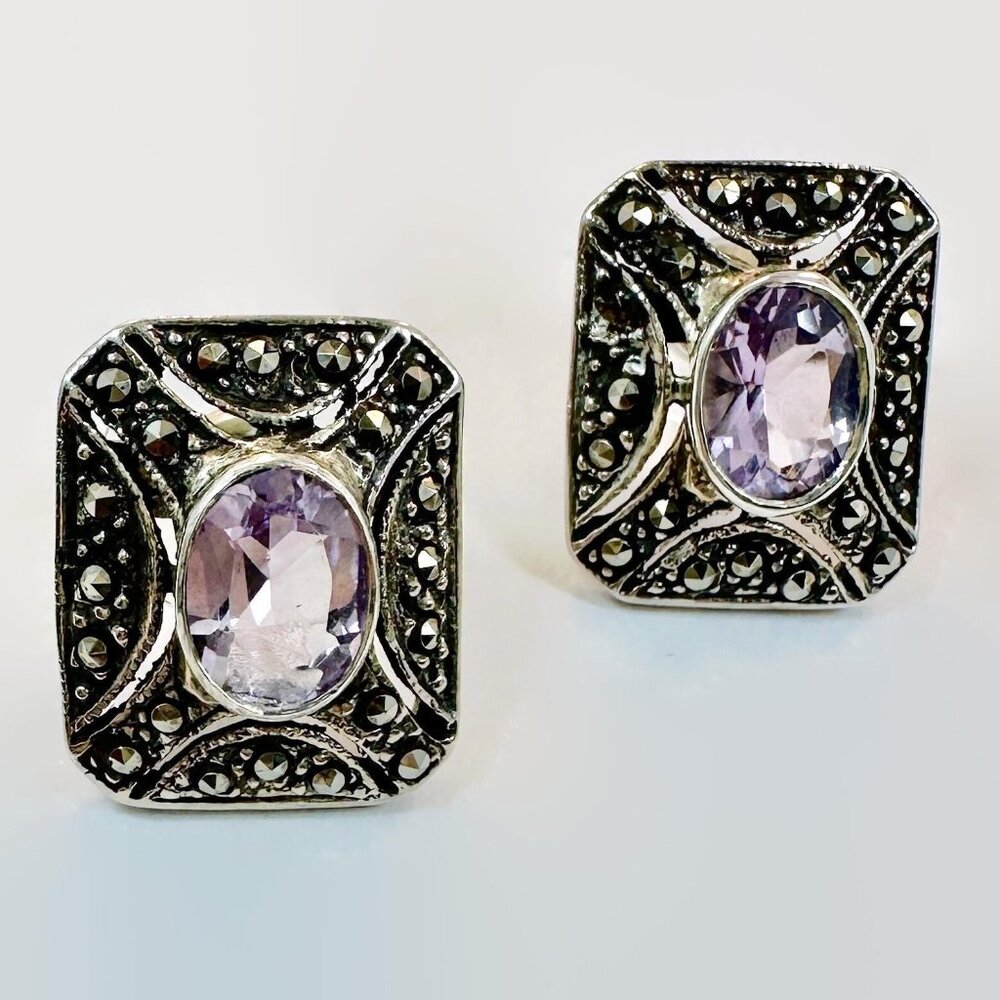 Amethyst Earrings, Sterling Silver, Vintage: Marcasite Art Deco Style Pierced